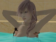 breasts gentle nude black_hair blue_eyes bath brunette unknown_artist shrunken_woman hands_behind_head digital_render