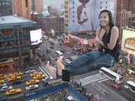 giantess collage city black_hair barefoot sitting vehicles looking_at_viewer crowds lowerrider