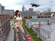 breasts giantess panties city mega barefoot skirt buildings brunette unknown_artist jets streets sky top hands_on_hips attack_of_the_50_foot_woman water_tower digital_render