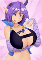 drawing gentle horns color cleavage anime purple_hair huge_breasts navel demoness touching no_background between_breasts