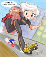 breasts drawing giantess white_hair city mega color blue_eyes street ginormica short_hair sonic_the_hedgehog looking_down vehicles monsters_vs_aliens roller_skates jumpsuit dialogue looking_at_tiny susan_murphy dreamworks chibi-jen-hen