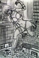 drawing giantess panties city monochrome destruction cleavage bra looking_down vehicles between_fingers looking_at_victims mainthegap