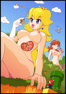 breasts drawing giantess karbo panties vore mega blonde color destruction mario princess_peach anime brunette topless gloves sitting nintendo crown bowser giantesses earrings pipe princess_daisy toads mass_vore