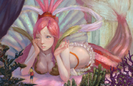 drawing gentle giantess tail color butt blue_eyes cleavage bra crying mermaid red_hair lying_down painting standing hands_on_hips straw_hat looking_at_tiny coral pearl_belt baimon