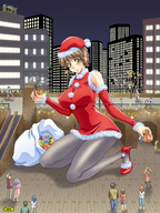 drawing gentle giantess city color clothed anime brunette omc yellow_eyes christmas nylons outdoors santa_claus santa_costume presents