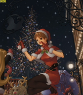 drawing gentle giantess color clothed anime brunette omc yellow_eyes christmas nylons outdoors santa_claus santa_costume bell