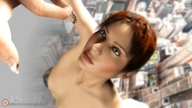 giantess nude city mega green_eyes brunette between_fingers looking_at_tiny emi digital_render