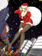 drawing gentle giantess city blonde color anime omc yellow_eyes christmas nylons outdoors santa_claus santa_costume presents