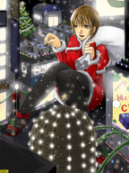 drawing gentle giantess city mega color anime omc christmas sitting nylons outdoors santa_claus santa_costume presents