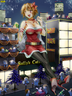 drawing gentle giantess city color cleavage anime omc christmas outdoors santa_claus santa_costume sitting_on_building presents