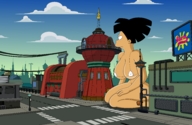 breasts drawing giantess city mega black_hair color cleavage bra huge_breasts asian kneeling futurama amy_wong planet_express spider-matt new_new_york