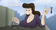 breasts drawing giantess city mega color cleavage gun huge_breasts breast_crush brunette dangle dialogue hairband on_finger looking_at_tiny theforbiddendookbag bandits