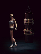 nude blonde shrunken_men shrunken_woman restrained punching_bag sorenzer0 looking_at_tiny digital_render