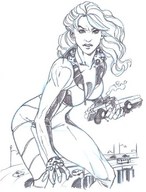 breasts drawing giantess mega monochrome long_hair handheld cleavage giganta reaching highway standing vehicles costume jumpsuit zipper no_background attack_of_the_50_foot_woman dc_comics