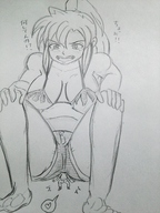 drawing monochrome large_breasts butt barefoot cleavage butt_crush love sitting shorts