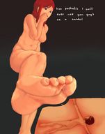 drawing giantess nude color small_men toes barefoot soles domination low_angle red_hair looking_down fairy_tail point_of_view raised_foot looking_at_tiny fooooly ezra_scarlet