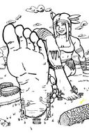 drawing gentle giantess monochrome clothed barefoot cleavage bra smiling foot_worship sitting navel clouds yellowfeather ankle_bracelet washing indian settlers grass_skirt moccosins buckets
