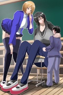 drawing gentle blonde black_hair color clothed skirt anime huge_breasts sitting bending_over pants desk sweater shirt amazons