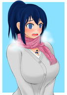 drawing gentle color blue_eyes cleavage anime blue_hair huge_breasts shrunken_man sweater scarf オレンジ orenji between_breasts