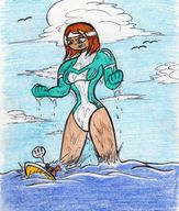 drawing giantess color swimsuit water wet angry short_hair standing clouds towering sky orange_hair jet_ski fists_clenched
