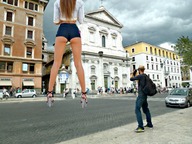 giantess collage city long_hair butt high_heels brunette cameraman mini_giantess legs short_shorts standing streets vehicles