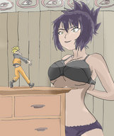 breasts drawing giantess panties color naruto bra anime purple_hair yellow_eyes smiling ponytail short_hair lingerie anko running undressing looking_at_giantess looking_at_tiny open_arms naruto_(series)