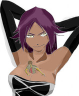drawing bleach cleavage purple_hair yoruichi shrunken_man looking_at_viewer chad between_breasts