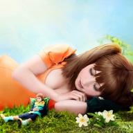 gentle giantess collage sleeping clothed cleavage brunette asian pillow dress boots grass ponytails flowers seven_deadly_sins diane_(seven_deadly_sins)