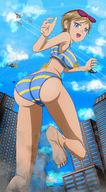 breasts drawing giantess city color butt destruction blue_eyes barefoot helicopter brunette smiling camel_toe sonic_the_hedgehog explosion walking jets sunglasses smoke big_ass point_of_view earrings rouge_the_bat stripes raised_foot swimwear thedaibijin sonic_x topaz