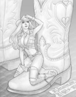 drawing monochrome long_hair boots cowgirl shrunken_woman steveoreno ticket sizecon