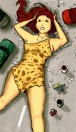 drawing giantess color destruction clothed cleavage red_hair lying_down legs streets vehicles onlookers
