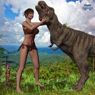 giantess collage blonde large_breasts barefoot cleavage bra brunette bondage thong wrestling tyrannosaurus_rex sarong digital_render offering sandles