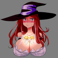 breasts drawing color anime fairy red_hair witch hat dragons_crown sorceress_(dragons_crown) between_breasts tiki_(dragons_crown)