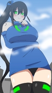 drawing blushing mega black_hair color green_eyes huge_breasts smiling dress nylons looking_down android clouds herretik