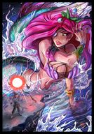drawing giantess color long_hair cleavage ocean mermaid red_hair looking_down waves standing magic staff wizard cliff eyepatch conjuring