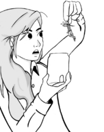 drawing giantess monochrome shrunken lineart between_fingers