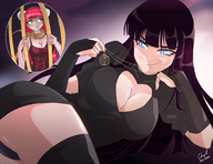 breasts drawing giantess color blue_eyes cleavage green_eyes red_hair cage trapped necklace mouse_girl looking_at_tiny angelgts lillian-the-evil-one