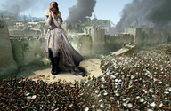 giantess collage mega color clothed military castle red_hair dress medieval battle looking_down smoke outdoors soldiers crowds citadel