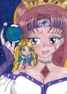 drawing giantess blushing earth blonde space color planet cleavage purple_eyes multiple_sizes red_hair crown giantesses purple_nails on_shoulder cosmic_giantess