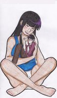 drawing gentle panties black_hair color clothed barefoot crying smiling shrunken_man legs_crossed cuddling