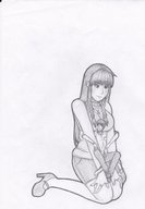 drawing gentle monochrome clothed cleavage high_heels kneeling shorts shrunken_man sweater braid embrace