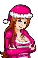 gentle giantess blushing blue_eyes brunette looking_down santa_hat looking_at_tiny zgriffen1 between_breasts