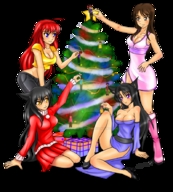drawing black_hair color blue_eyes cleavage brunette purple_eyes brown_eyes red_hair shrunken_people between_fingers christmas_tree pointed_ears ornaments