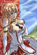 drawing gentle giantess blonde color long_hair clothed cleavage buildings dress asuna sword_art_online bryan_lobdell kirito eyepatch between_breasts