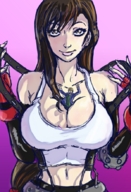 giantess large_breasts tifa_lockhart shrunken_man final_fantasy_vii looking_at_viewer bryan_lobdell catherine_parody between_breasts