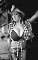 collage monochrome large_breasts cleavage bra jeans hand shrunken_man looking_at_viewer jordan_carver cowboy_hat