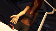 gentle long_hair cleavage bed red_hair navel belly shrunken_man looking_down pants sports_bra digital_render lfcfan living_quarters