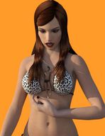 breasts gentle giantess long_hair swimsuit barefoot cleavage bra brunette navel shrunken_man standing manicure leopard_print digital_render swim_trunks dofus59 between_breasts