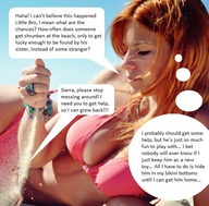 collage swimsuit cleavage red_hair lying_down unknown_artist navel belly shrunken_man cruel dialogue source_needed looking_at_tiny incest