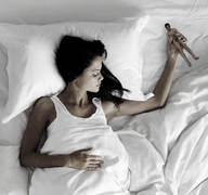 gentle collage sleeping black_hair long_hair penis handheld bed shrunken_man naked_man top